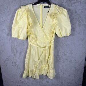 NWT Missguided Ruffle Wrap Poplin Puff Sleeve Plunging V-Neck Dress Yellow Sz 14